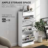 3 Flip Drawer Shoe Cabinet, Marble-Effect Narrow Shoe Storage Cabinet with Top Drawer and Adjustable Shelves, White