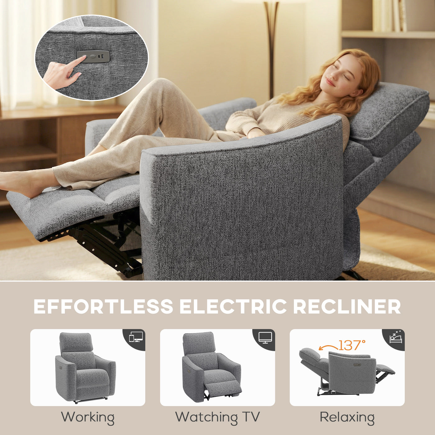 Power Recliner Chair, Chenille Upholstered Recliner Chair with USB Ports, Footrest, Dark Grey
