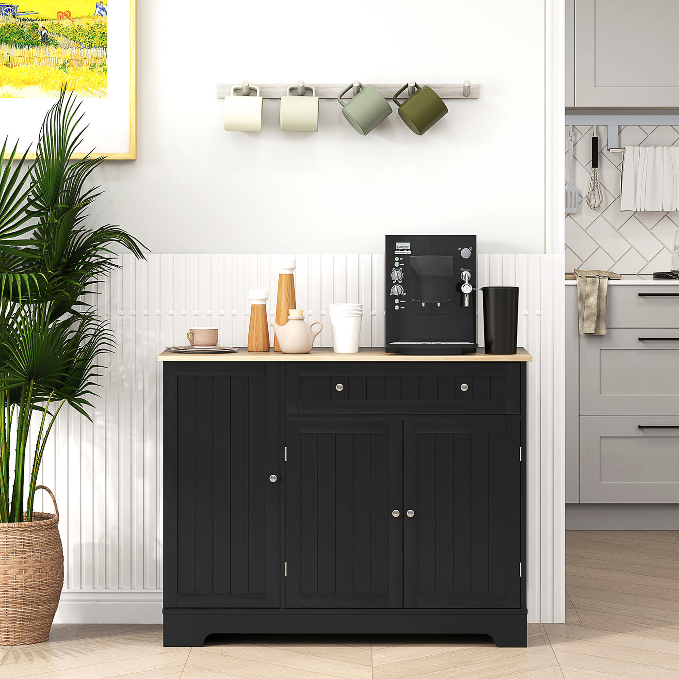Modern Sideboard Cabinet, 41" Kitchen Buffet Cabinet with Drawer, Adjustable Shelf, 3 Doors for Dining Room, Black