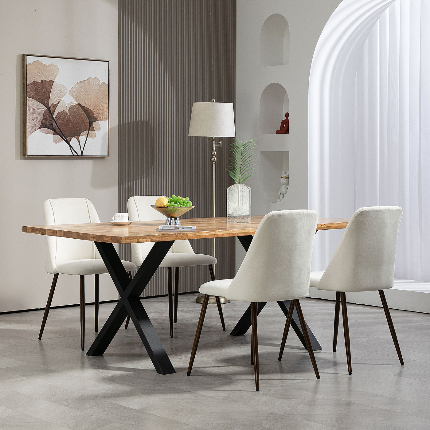 Upholstered Dining Chairs Set of 4, Velvet Accent Chair with Back and Wood-grain Steel Leg for Kitchen, Cream White