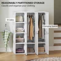 Portable Wardrobe, Foldable Plastic with 8 Compartments, 2 Hanging Rods and Magnetic Doors, White