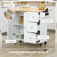 Kitchen Island on Wheels, Kitchen Cart with Drop Leaf, Drawers, Storage Racks, Rubberwood Top, White