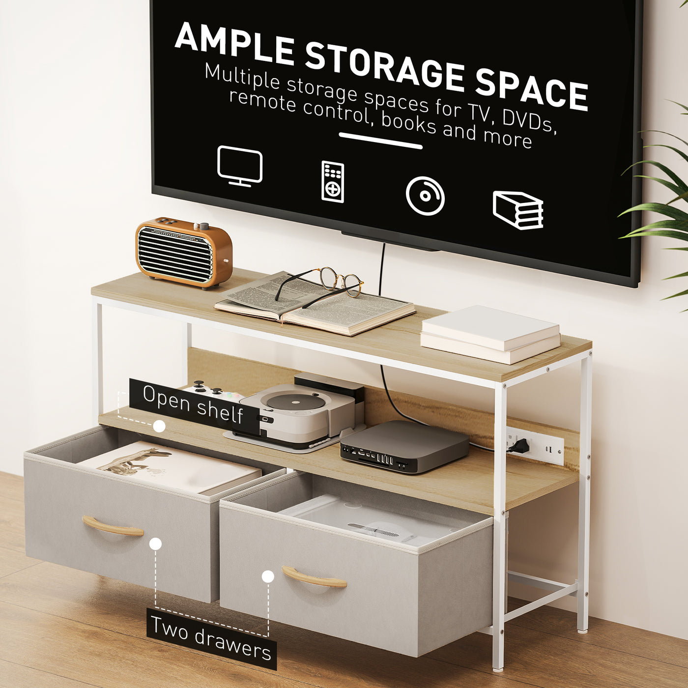 TV Stand with Charging Station, TV Table with 2 Foldable Linen Drawers and Open Shelf for 47 Inch TV, Oak