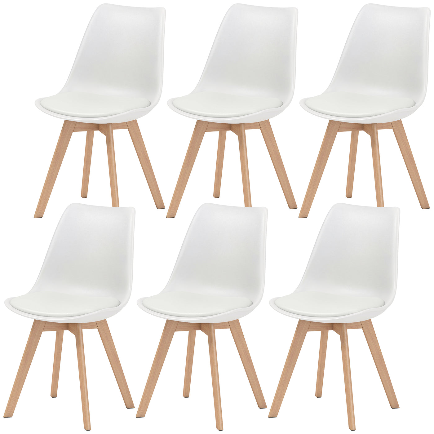 Modern Dining Table Chairs Set of 6, Rubber Wood Kitchen Table Chairs with PU Leather Cushion for Living Room, Bedroom