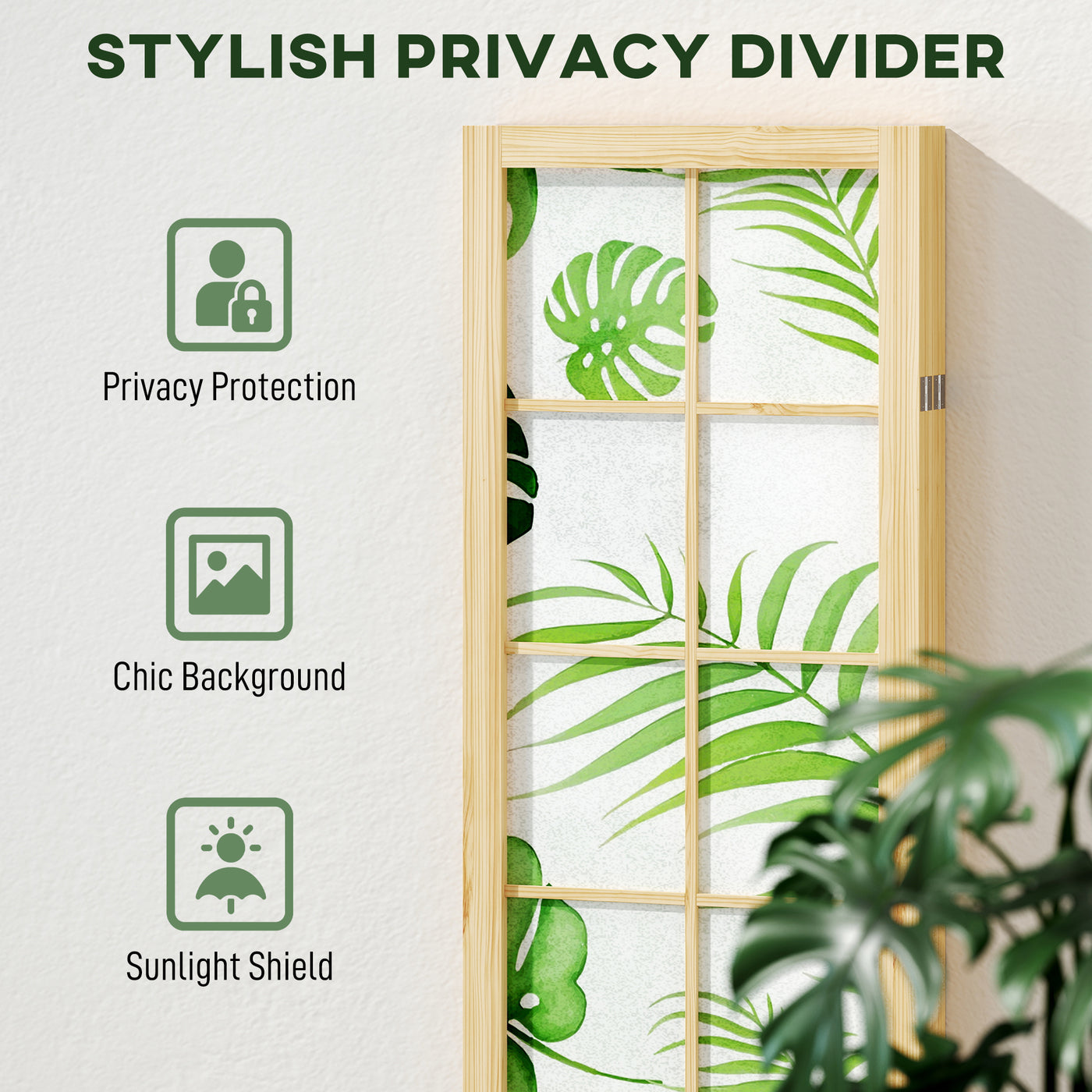 4 Panel Folding Privacy Screen, 67" Room Divider with Palm Leaf Design for Living Room Bedroom, Natural and Green