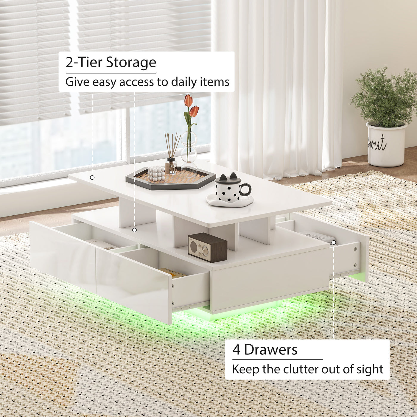 Coffee Table with RGB LED Lights, Modern Living Room Table with 4 Drawers, Open Shelf, Remote Control, High Gloss White