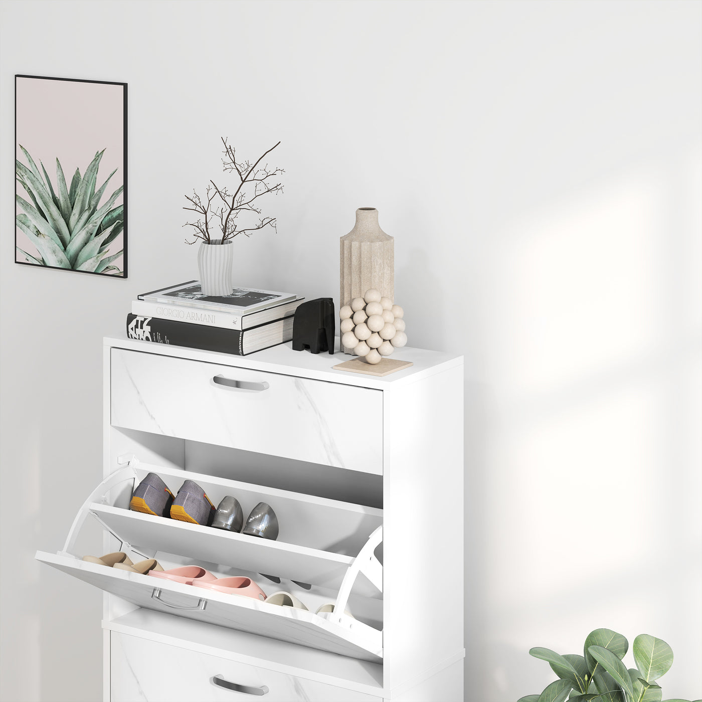 3 Flip Drawer Shoe Cabinet, Marble-Effect Narrow Shoe Storage Cabinet with Top Drawer and Adjustable Shelves, White