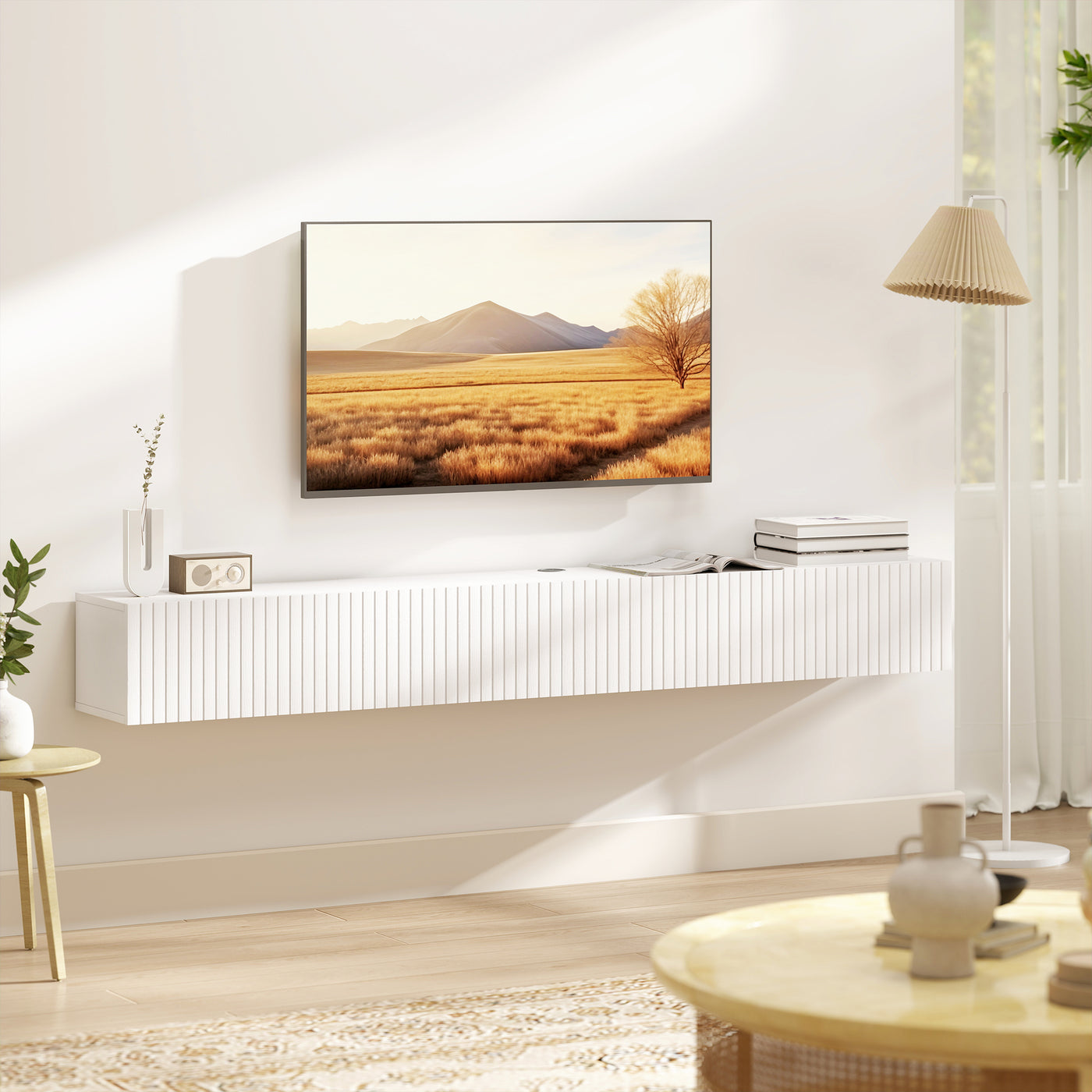 71" Floating TV Stand for TVs up to 72 Inch, Wall Mount Media Console with 2 Fluted Flip-Down Doors, Cable Hole, White