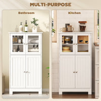 Bathroom Floor Storage Cabinet with Tempered Glass Doors and Adjustable Shelf, Kitchen Cupboard, Free Standing Organizer for Living Room Entryway, White