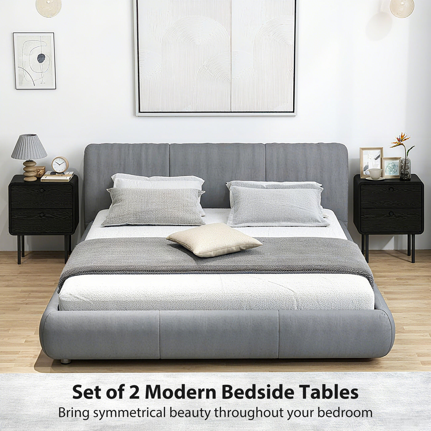 Modern Bedside Tables Set of 2, 2 Pieces Nightstands with 2 Storage Drawers and Steel Legs for Bedroom, Black Wood Grain