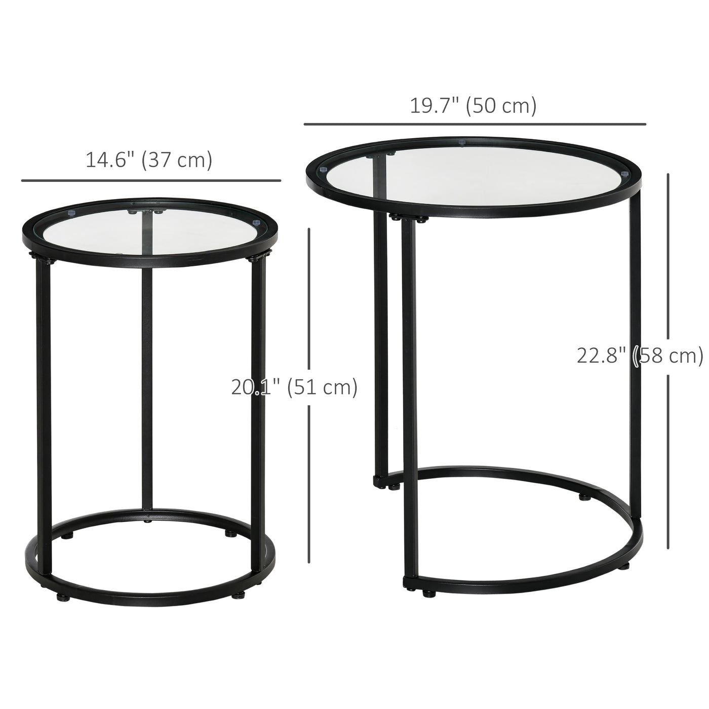 Set of 2 Nesting Coffee Tables with Metal Base, Round Side Table with Tempered Glass Tabletop for Living Room, Bedroom, Black