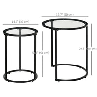 Set of 2 Nesting Coffee Tables with Metal Base, Round Side Table with Tempered Glass Tabletop for Living Room, Bedroom, Black