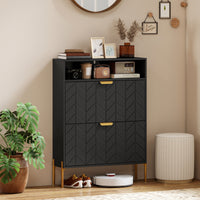 Shoe Cabinet with 2 Flip Drawers, Modern Narrow Shoe Storage Cabinet with Open Compartment, Adjustable Shelves, Black