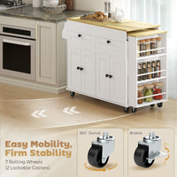 Kitchen Island with Sliding Expandable Top, Rolling Kitchen Cart with Drawers, Cabinets & Spice Rack, White