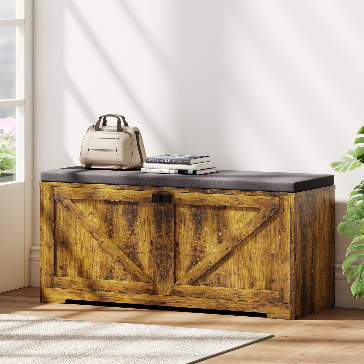 Shoe Storage Bench with Padded Seat, Entryway Bench Holds up to 352 lb, Shoe Organizer, 8 Pairs, Rustic Brown
