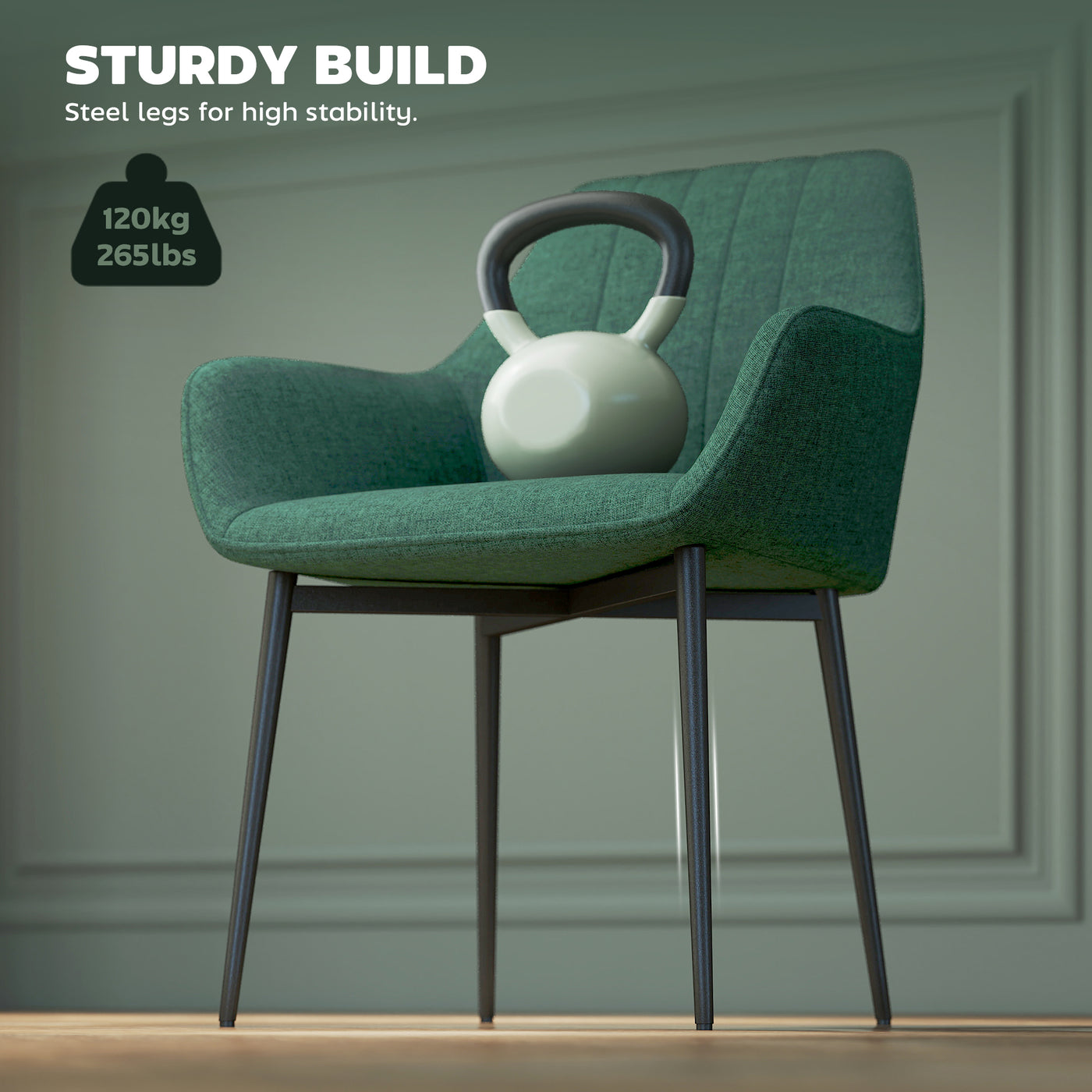 Dining Chairs Set of 2, Upholstered Linen Fabric Accent Chairs with Metal Legs, Dark Green