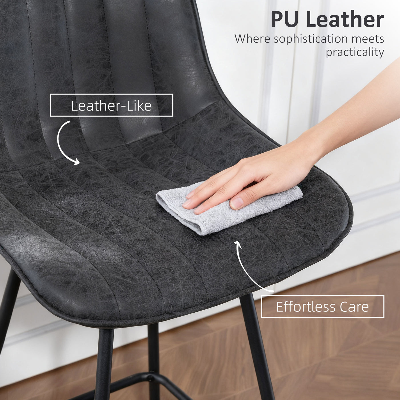 Set of 2 Counter Height Barstools, PU Leather Upholstered Bar Stools with Backrest, Footrest and Steel Legs, Black