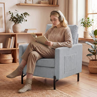 Accent Chair Modern Upholstered Armchair with Side Pockets and Cushion for Bedroom, Living Room, Light Grey