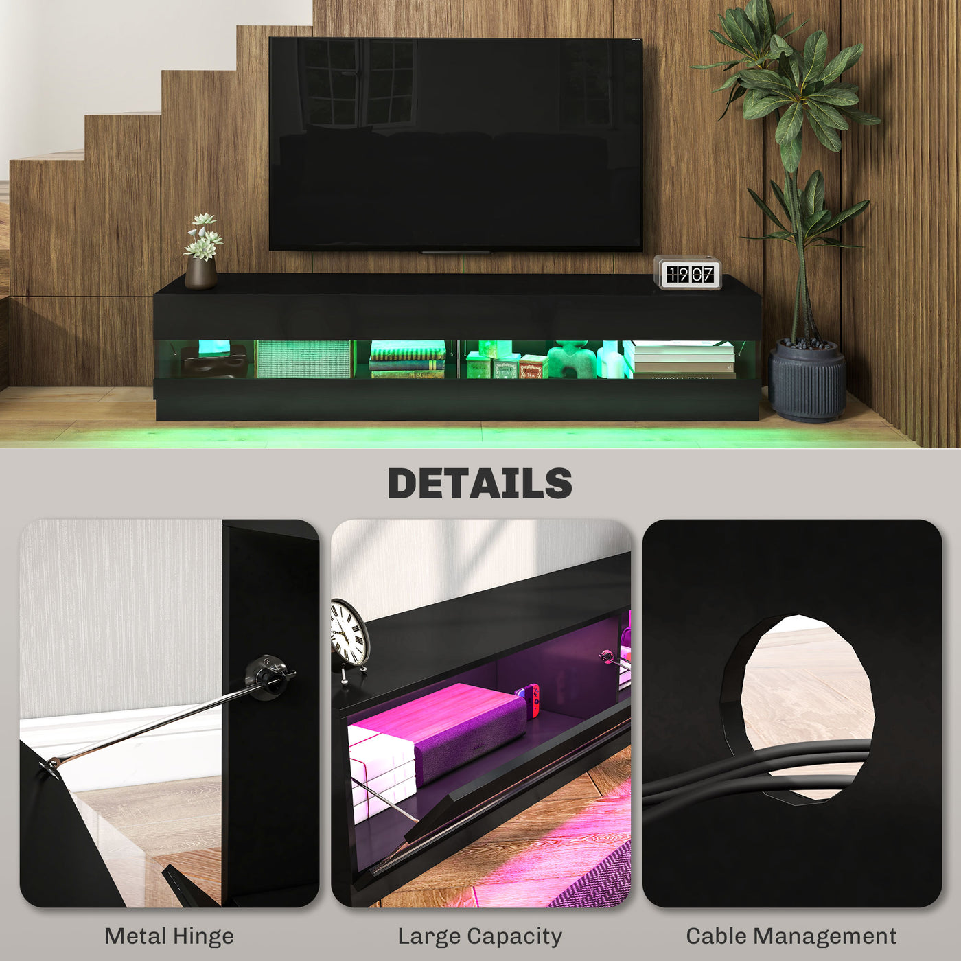 Lighted TV Stand for TVs up to 75", TV Cabinet with Storage for Living Room, High Gloss Black