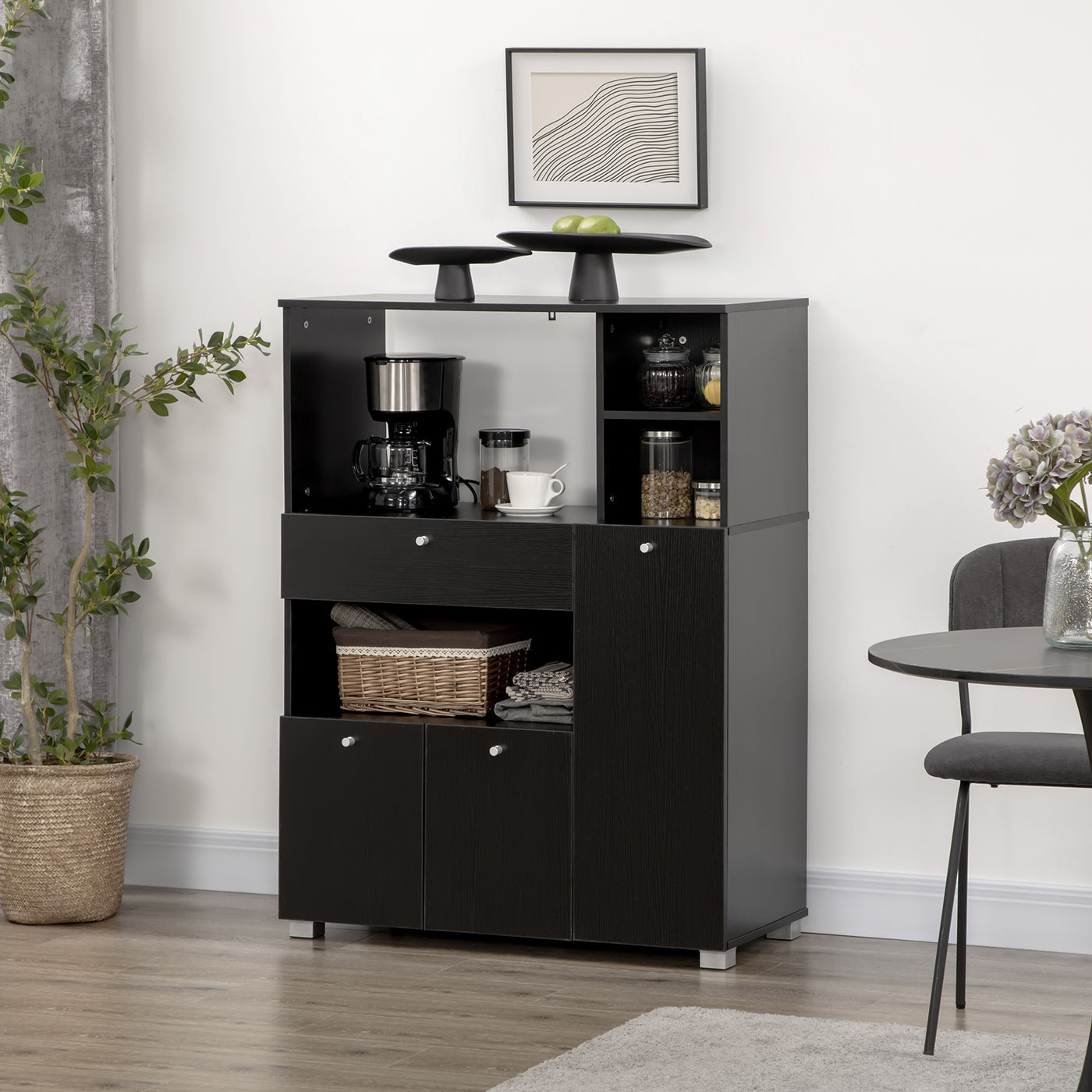 Compact Kitchen Pantry Buffet Server Hutch Storage Cabinet  with Microwave Oven Stand Drawer and Shelves, Black