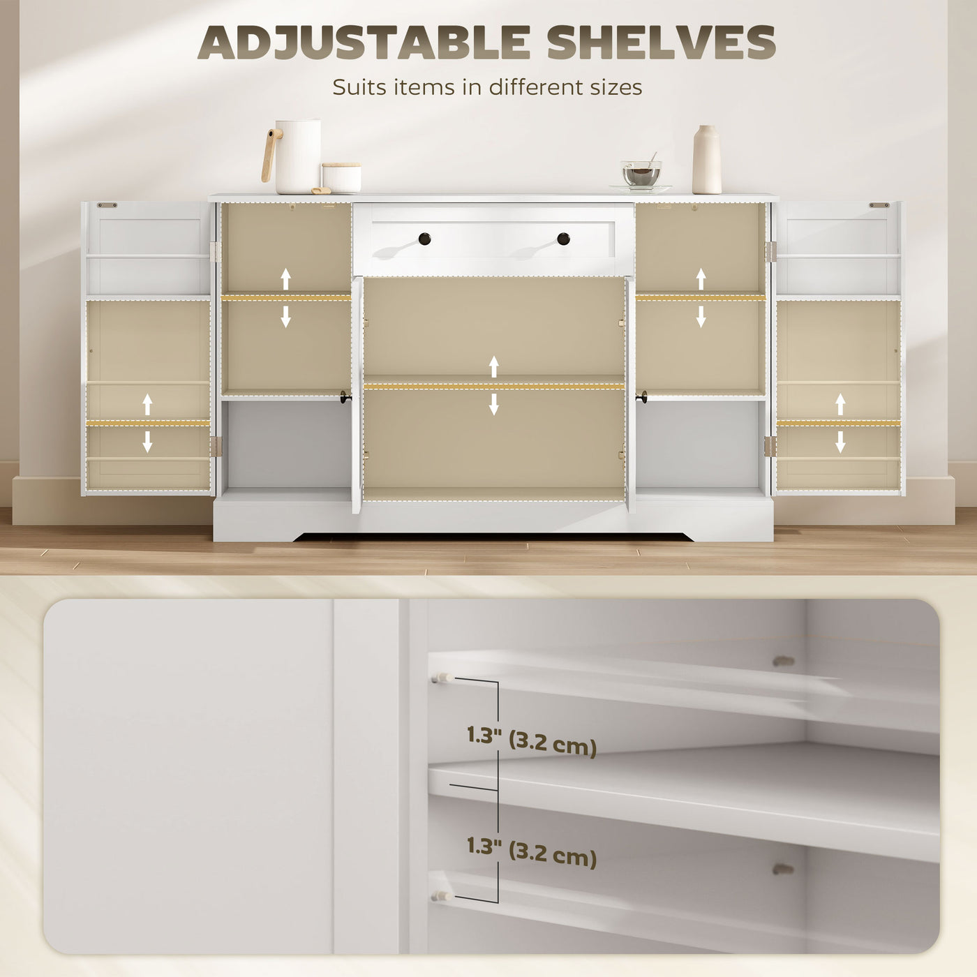 Sideboard Buffet Cabinet, Farmhouse Coffee Bar Cabinet with Door Shelves, Adjustable Shelves, Drawer, Barn Doors, White