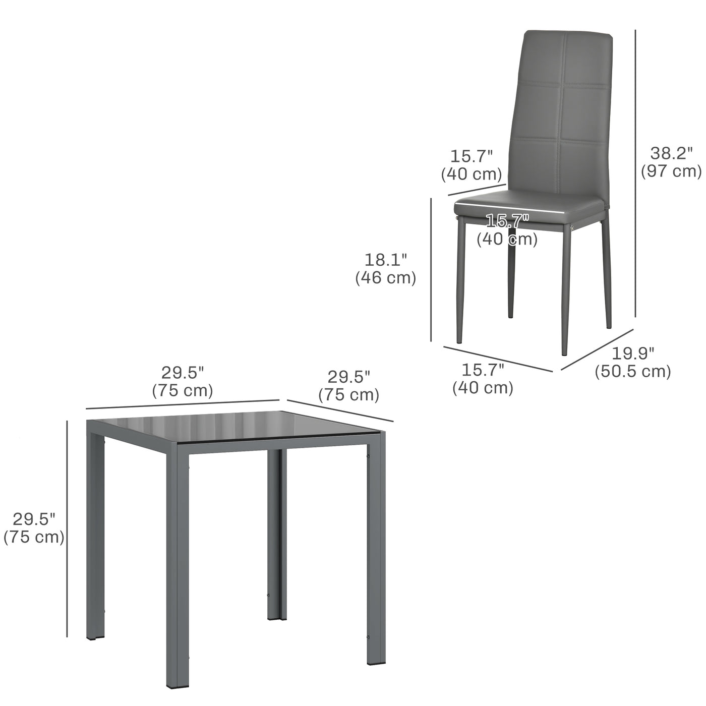 3-Piece Rectangular Glass Kitchen Table and Chairs with Metal Frame and Faux Leather Upholstery for Dining Room, Grey