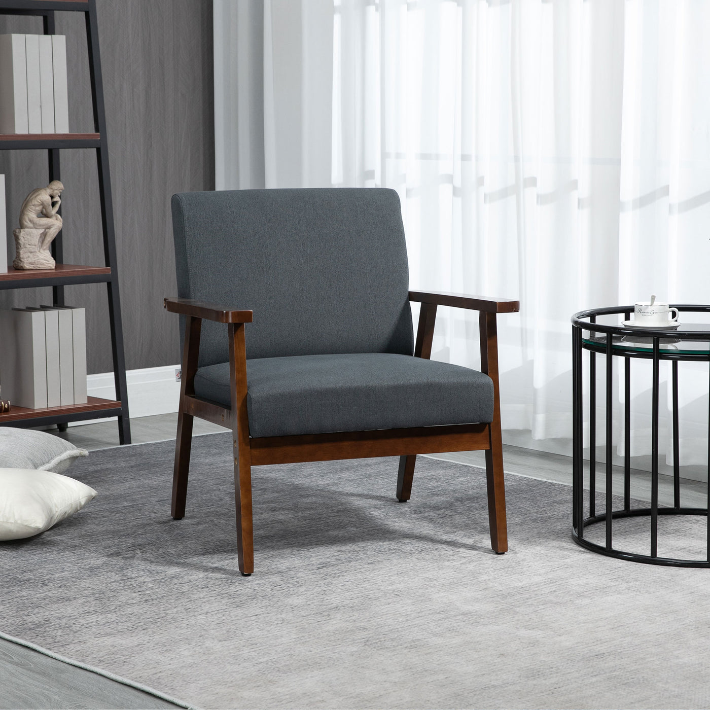 Modern Accent Chairs with Cushioned Seat, Upholstered Linen-Feel Armchair for Bedroom, Living Room, Dark Gray
