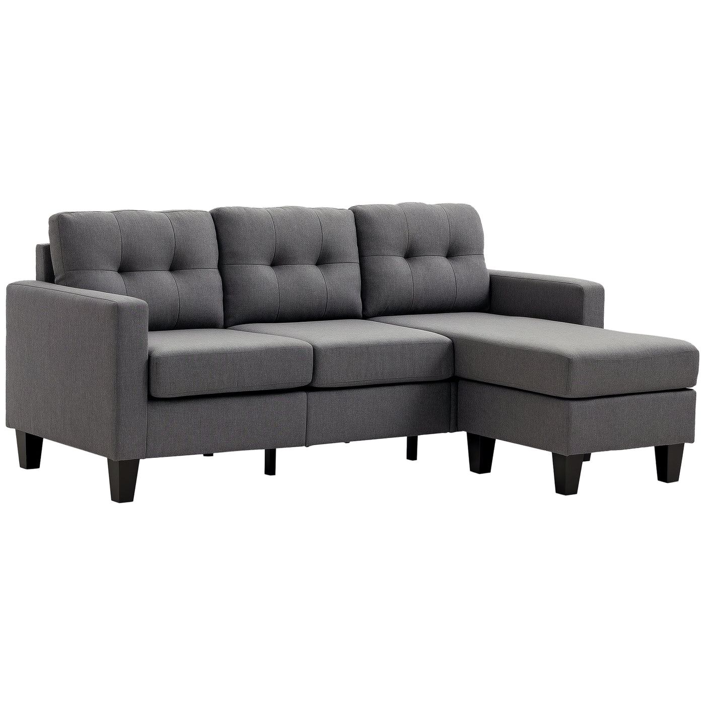 L-shaped Sofa, 3 Seater Couch with Ottoman, Corner Sofa with Thick Padded Cushion and Wood Legs, Dark Grey