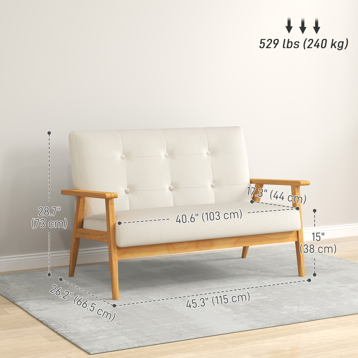 45" 2 Seat Sofa, Upholstered Two Seater Couch with Rubber Wood Legs for Bedroom, Living Room, Beige