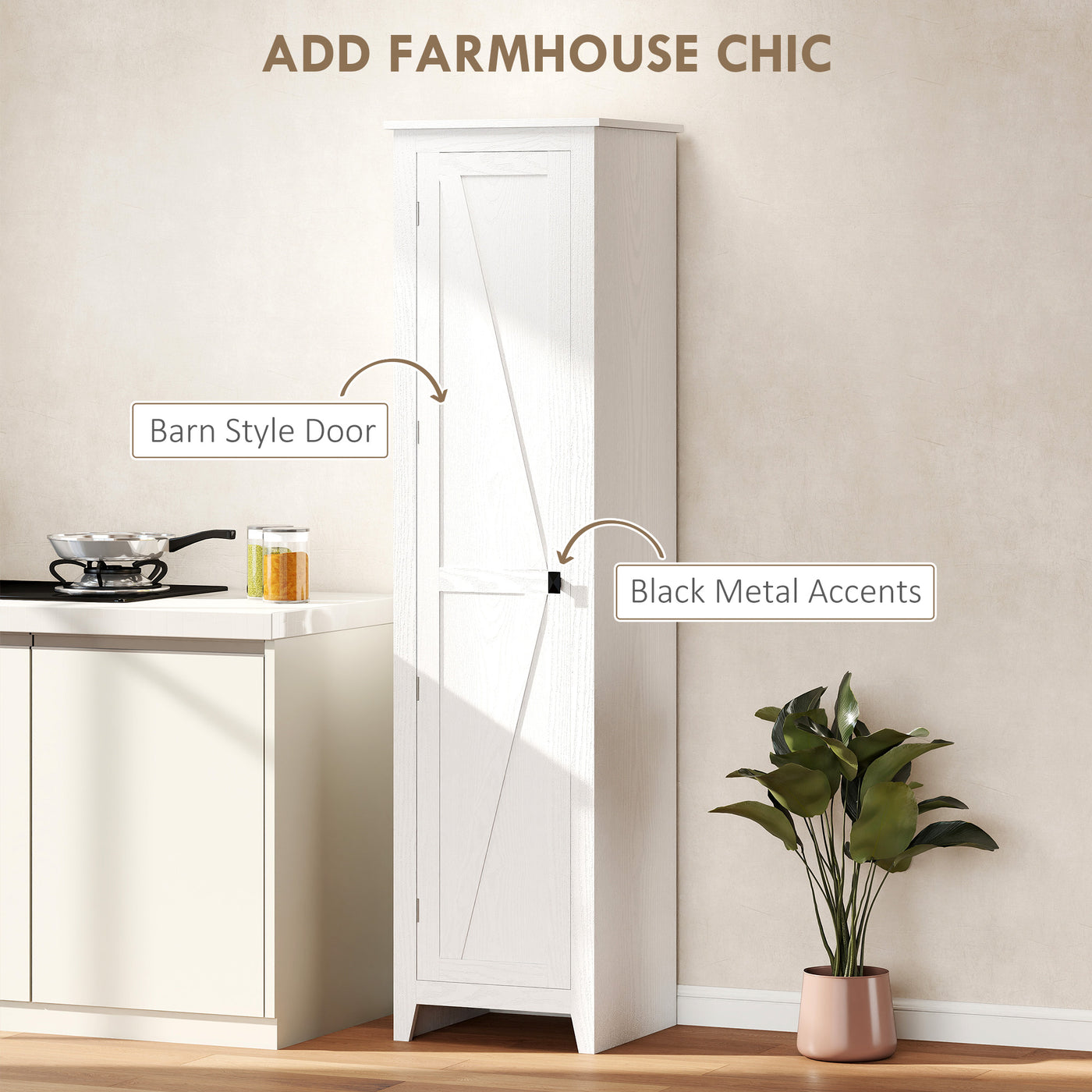 67" Farmhouse Kitchen Pantry Storage Cabinet with Barn Door, Kitchen Pantry Cabinet with Adjustable Shelves, White