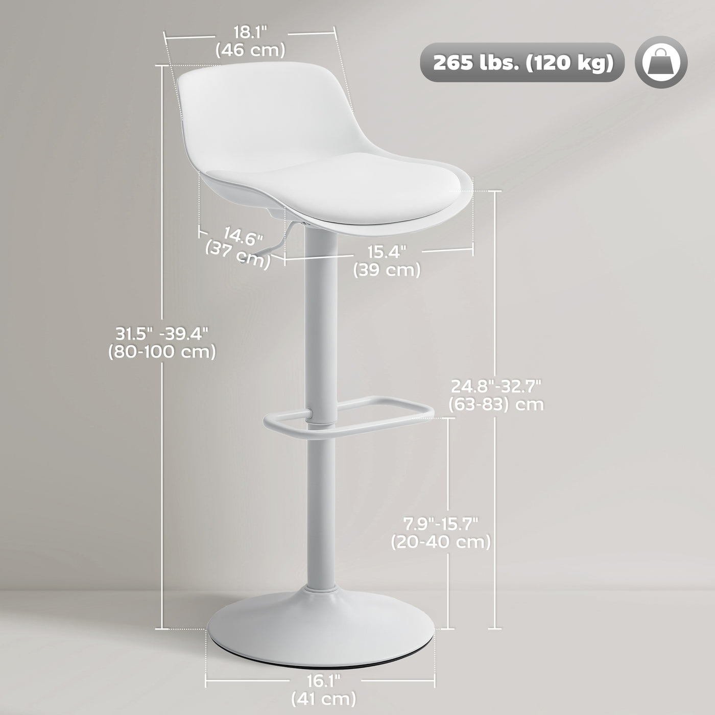 Counter Height Bar Stools Set of 2, Streamlined Bar Chairs with Adjustable Height and Swivel PU Leather Seat, White