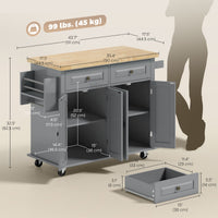 Kitchen Island with Storage, Rolling Trolley Cart with Rubber Wood Top, Spice Rack, Towel Rack, 2 Locking Brakes,Grey