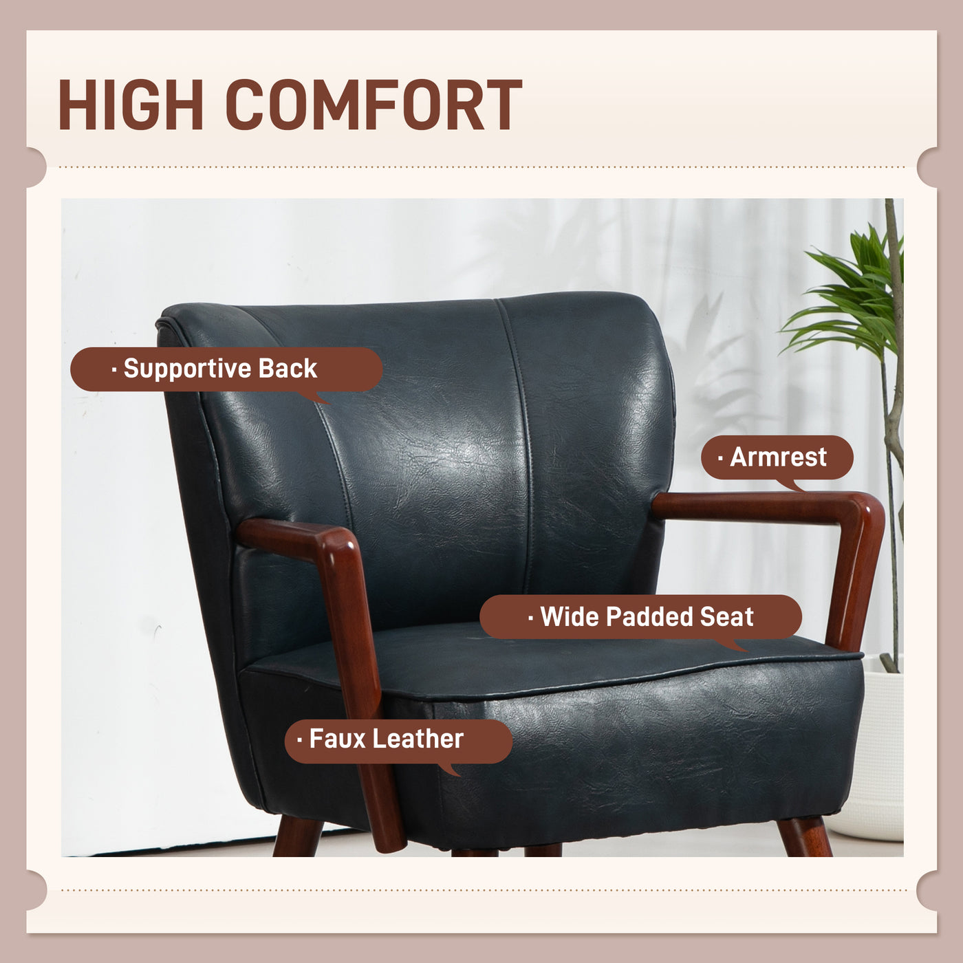 Accent Chair, Modern Armchair, Faux Leather Upholstered Living Room Chair with Wood Legs and Wide Padded Seat, Blue