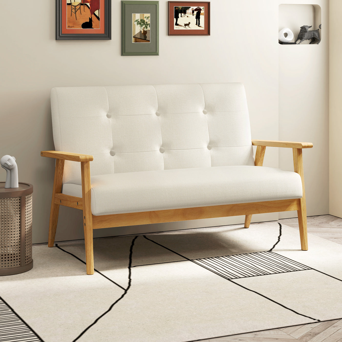 45" 2 Seat Sofa, Upholstered Two Seater Couch with Rubber Wood Legs for Bedroom, Living Room, Beige