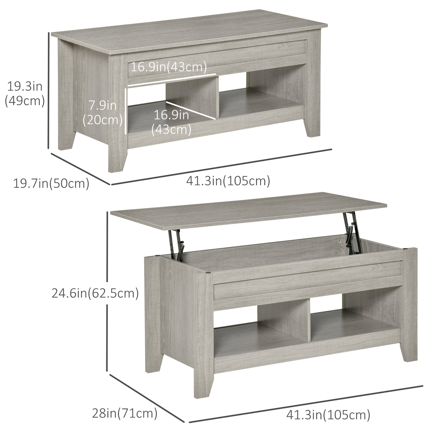 Lift Top Coffee Table with Hidden Storage Compartment and Open Shelves, Lift Tabletop Pop-Up Center Table for Living Room, Light Grey