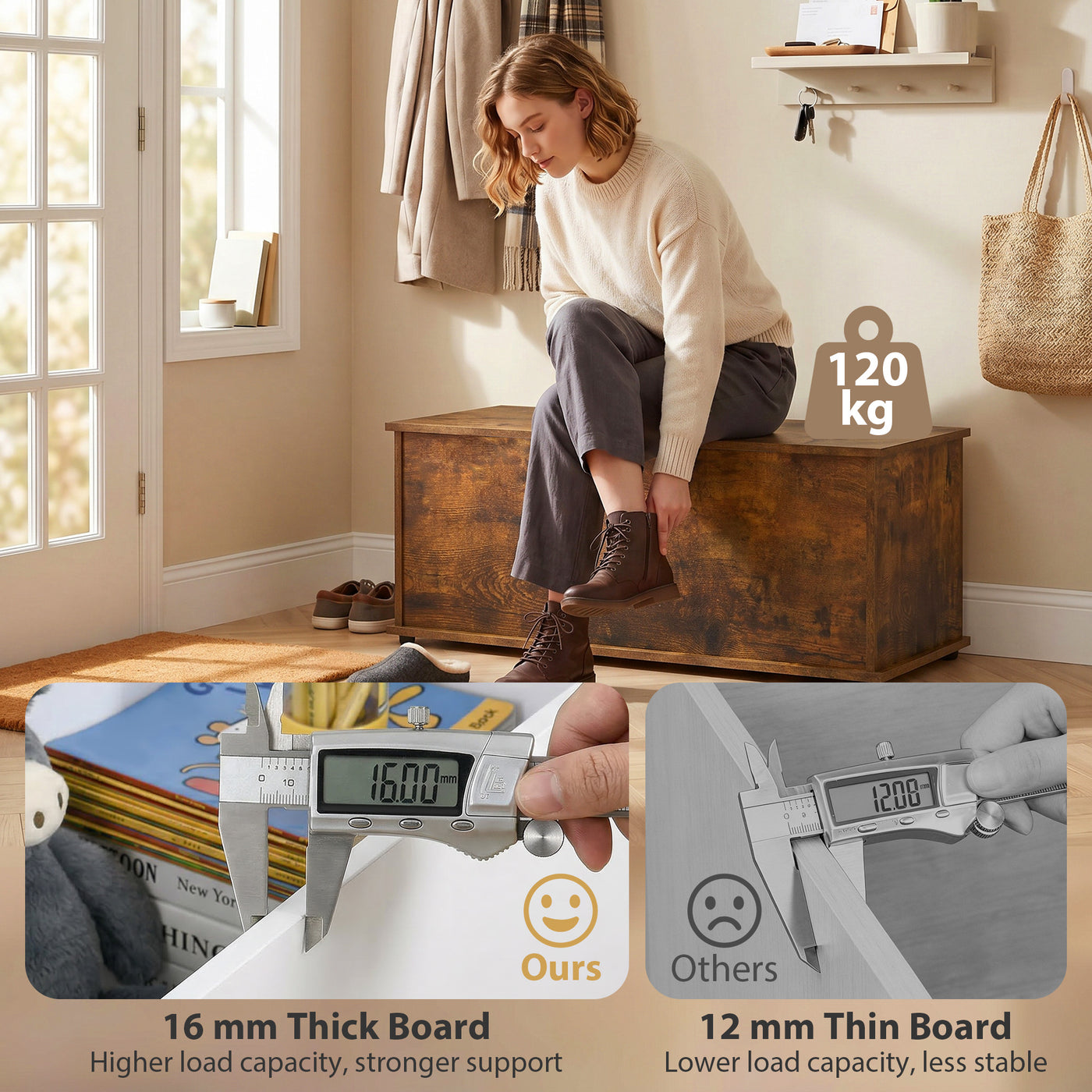 39.5" Storage Chest with 2 Safety Hinges, Storage Box Organizer with Flip-Top Lid, Entryway Storage Bench, Rustic Brown