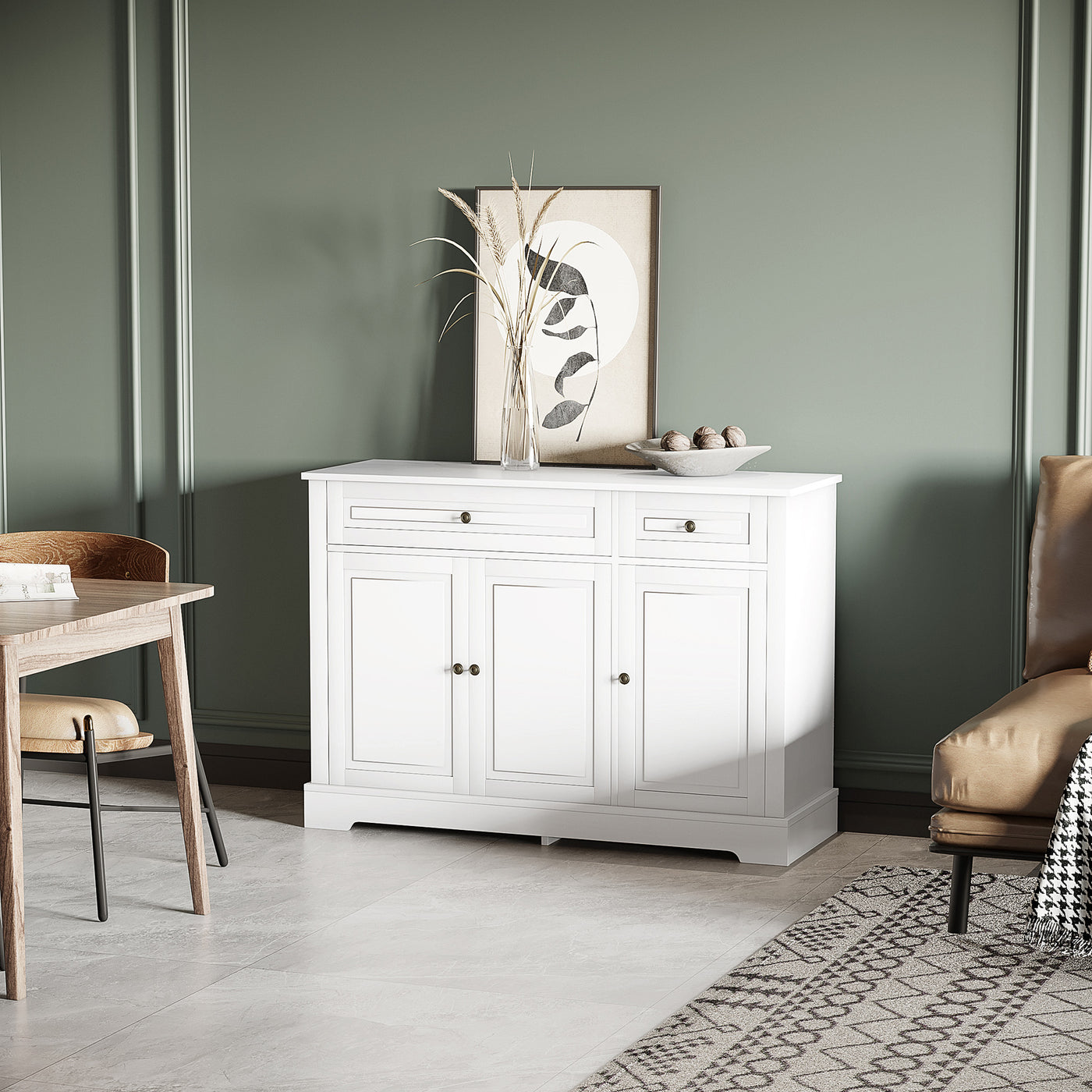 Modern Sideboard Cabinet, Buffet Cabinet with 2 Drawers and Adjustable Shelves, Buffets Tables for Dining Room, White