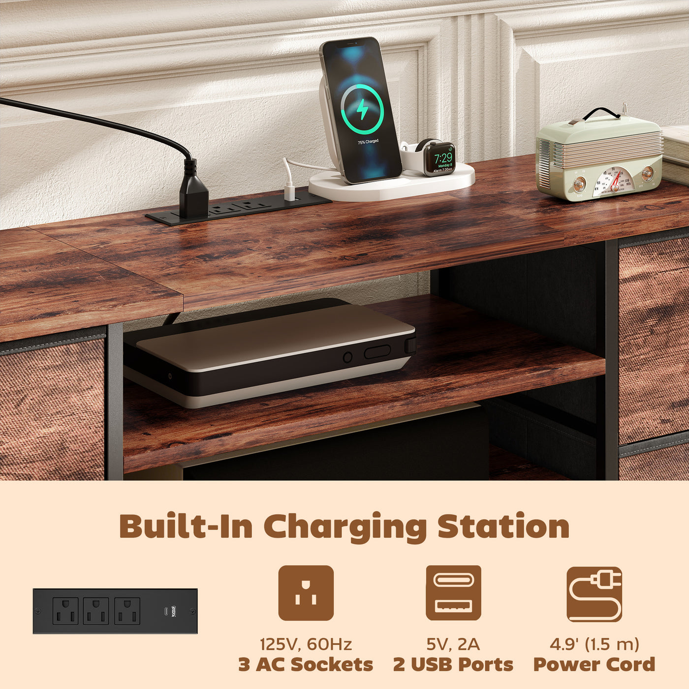 TV Stand for TVs up to 70 Inch, Industrial TV Console with Charging Station, 5 Drawers and Open Shelves, Rustic Brown