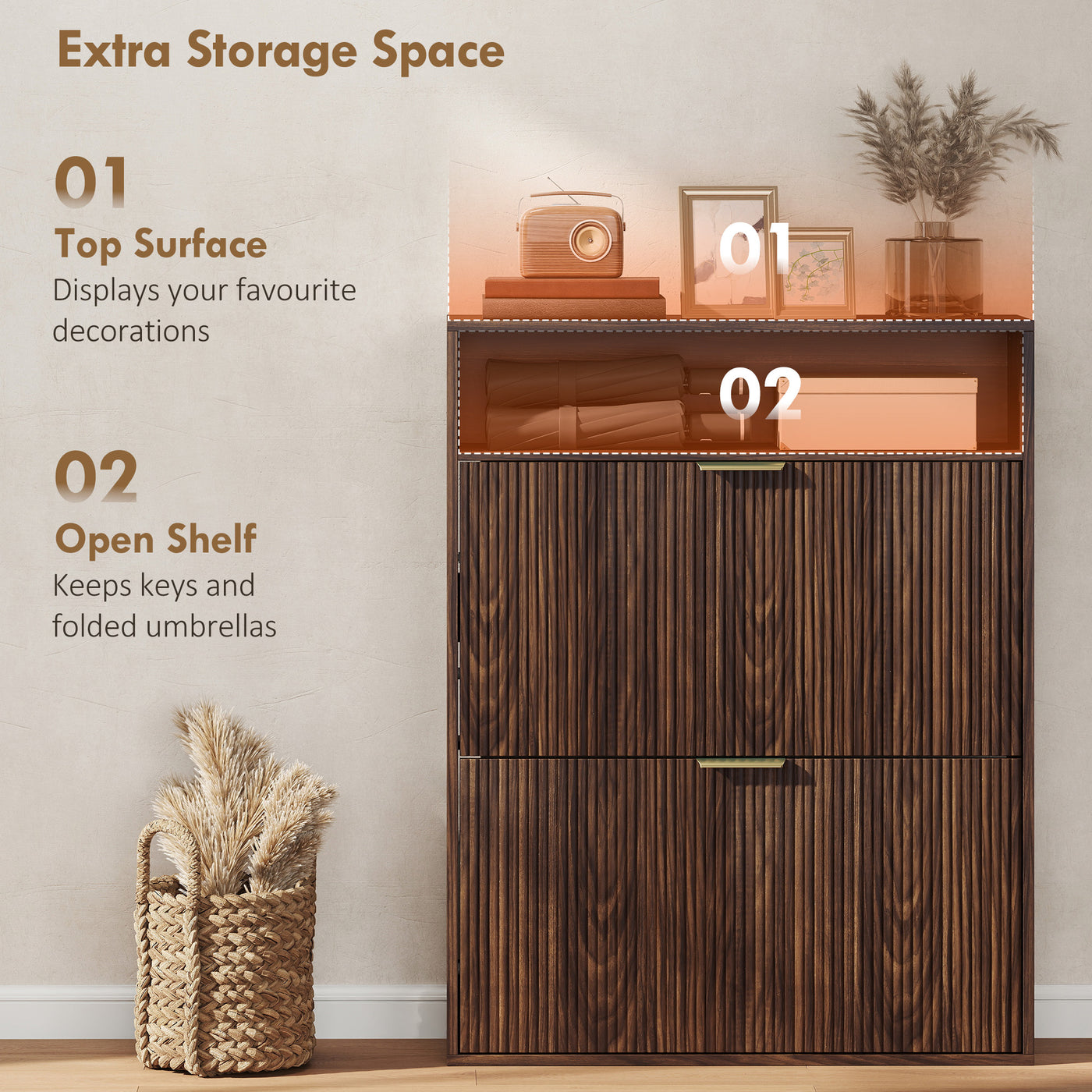 Shoe Cabinet with 2 Flip Drawers Narrow Shoe Storage Cabinet with Top Shelf for Entryway Hallway Coffee