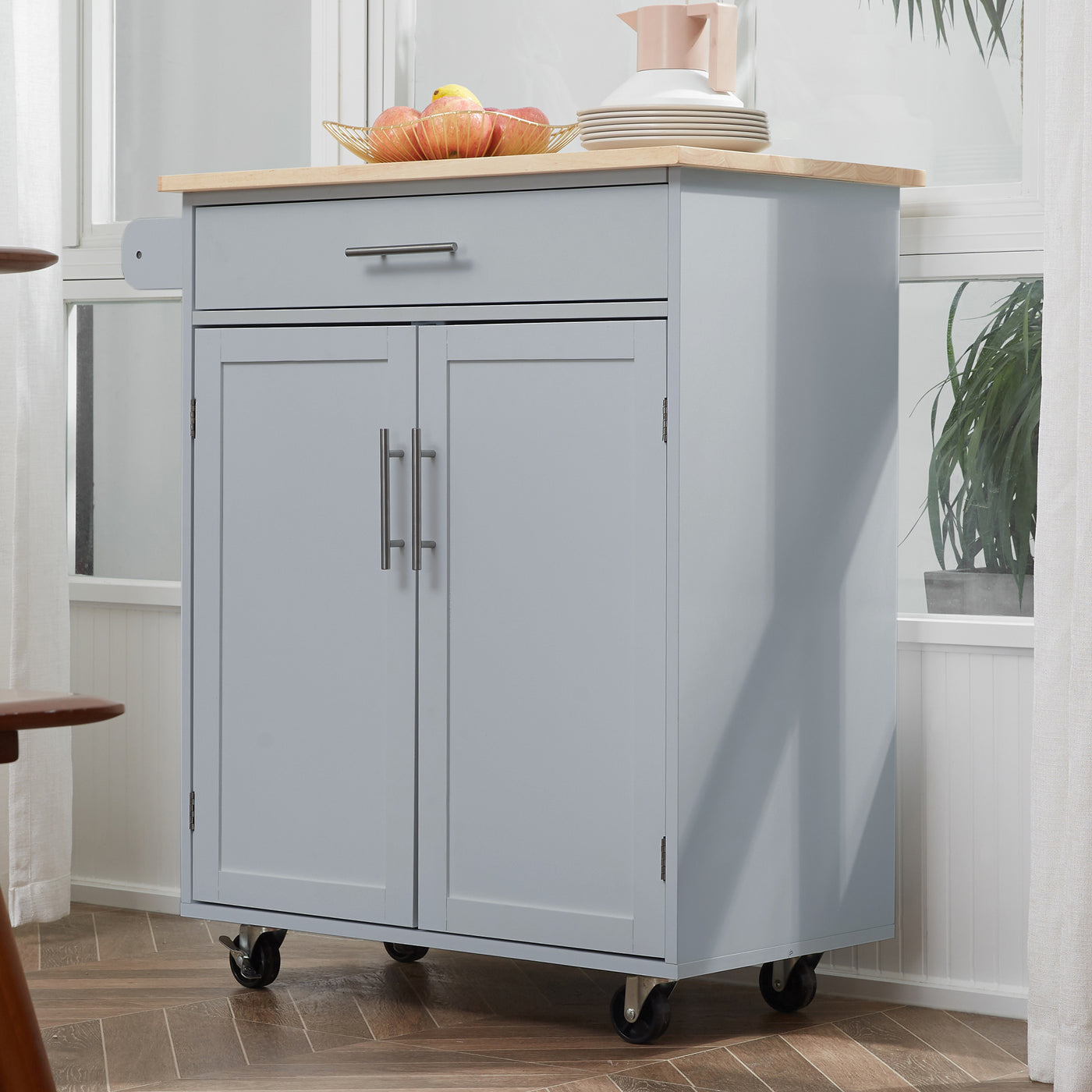 Rolling Kitchen Island Cart with Wood Top, Enough Storage Drawer Space with Towel Bar Rack Shelves, Portable Kitchen Utility Serving Cart Trolley on Wheels (Grey)