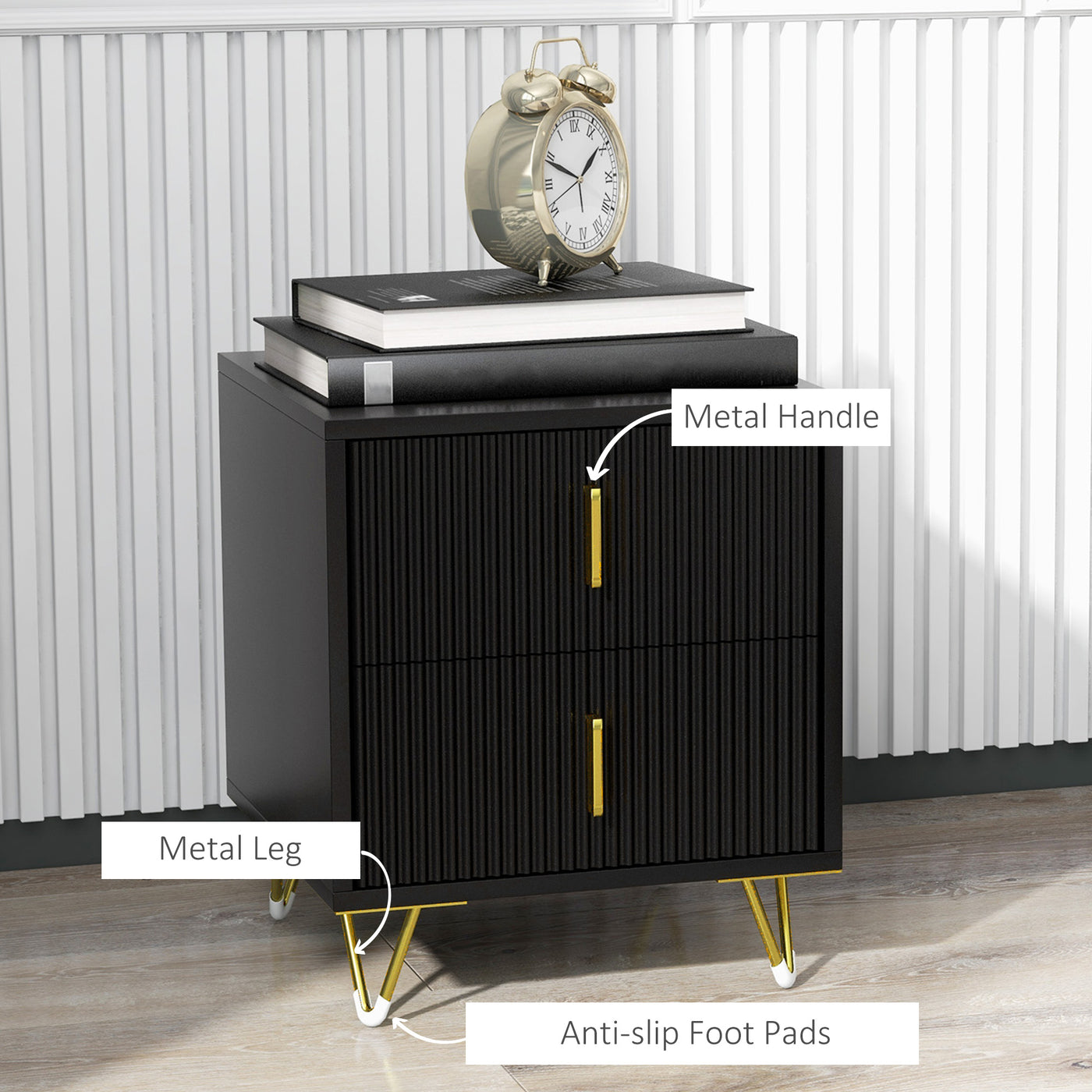 Bedside Table, Modern Nightstand with 2 Drawers, Side End Table with Metal Legs for Living Room, Bedroom, Black