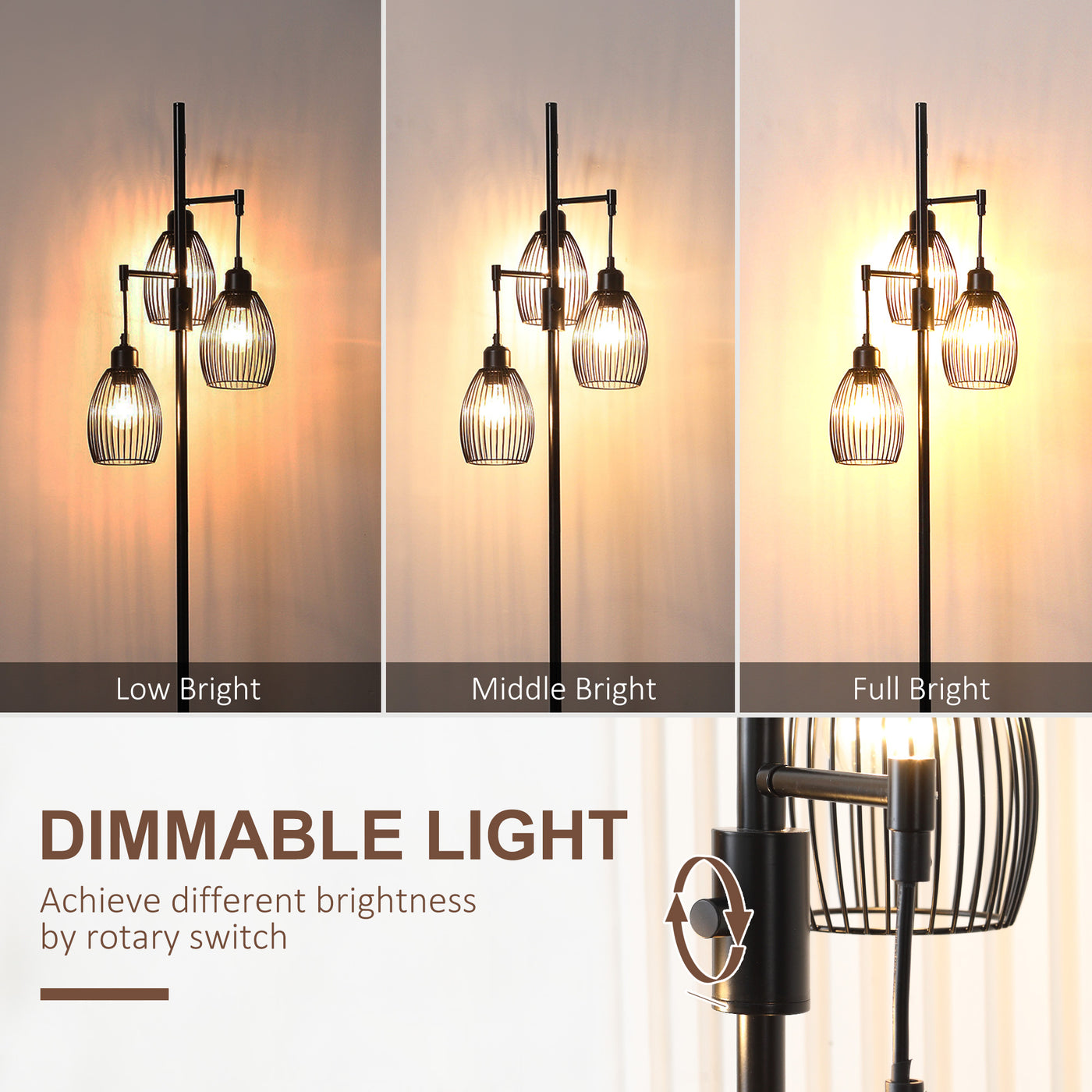 Industrial Floor Lamp with 3 Hanging Wire Lampshades, Dimmable Standing Lamp for Living Room, Bedroom, Dining Room, Study, Black