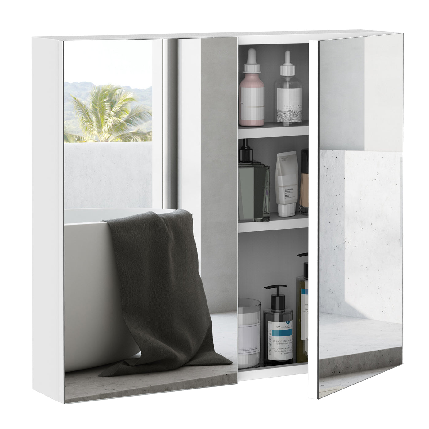 Wall Mounted Mirror Cabinet, Bathroom Medicine Cabinet with Mirror, 2 Doors and 3-tier Shelving, White