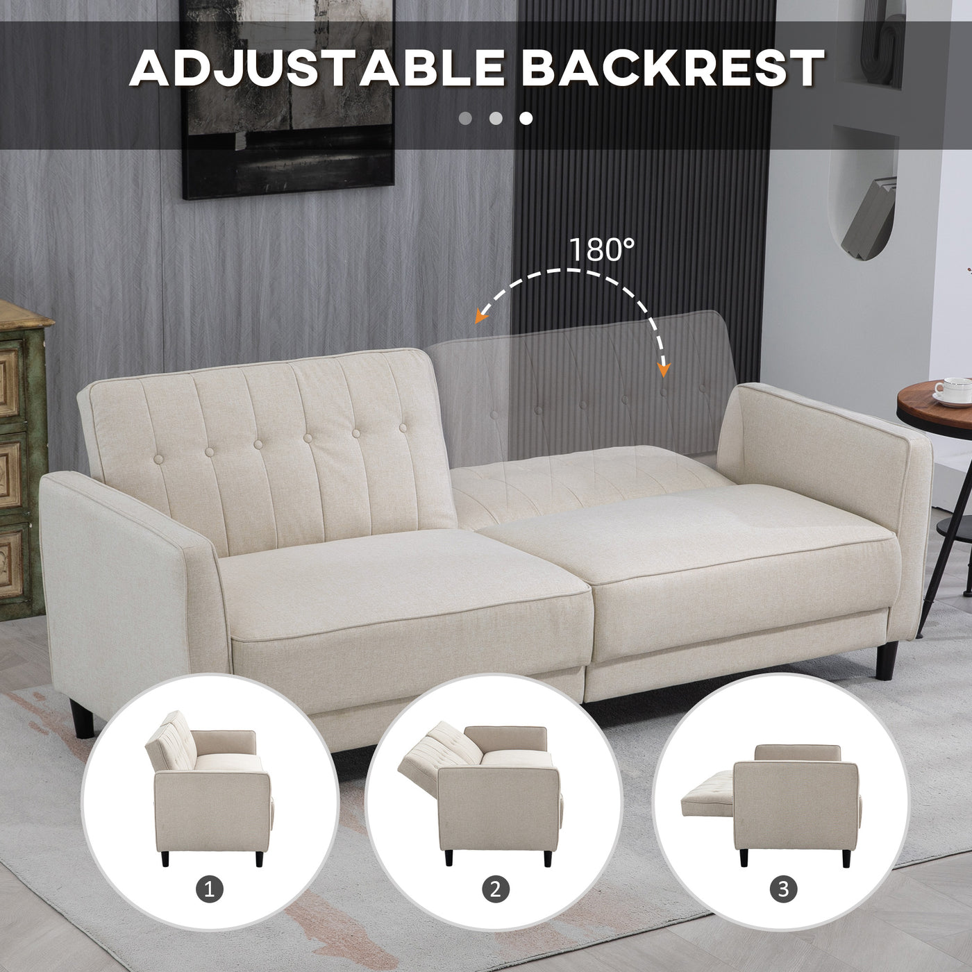 Convertible Bed with Couch, Button Tufted Fabric Sofa Bed with Adjustable Back for Living Room, Beige
