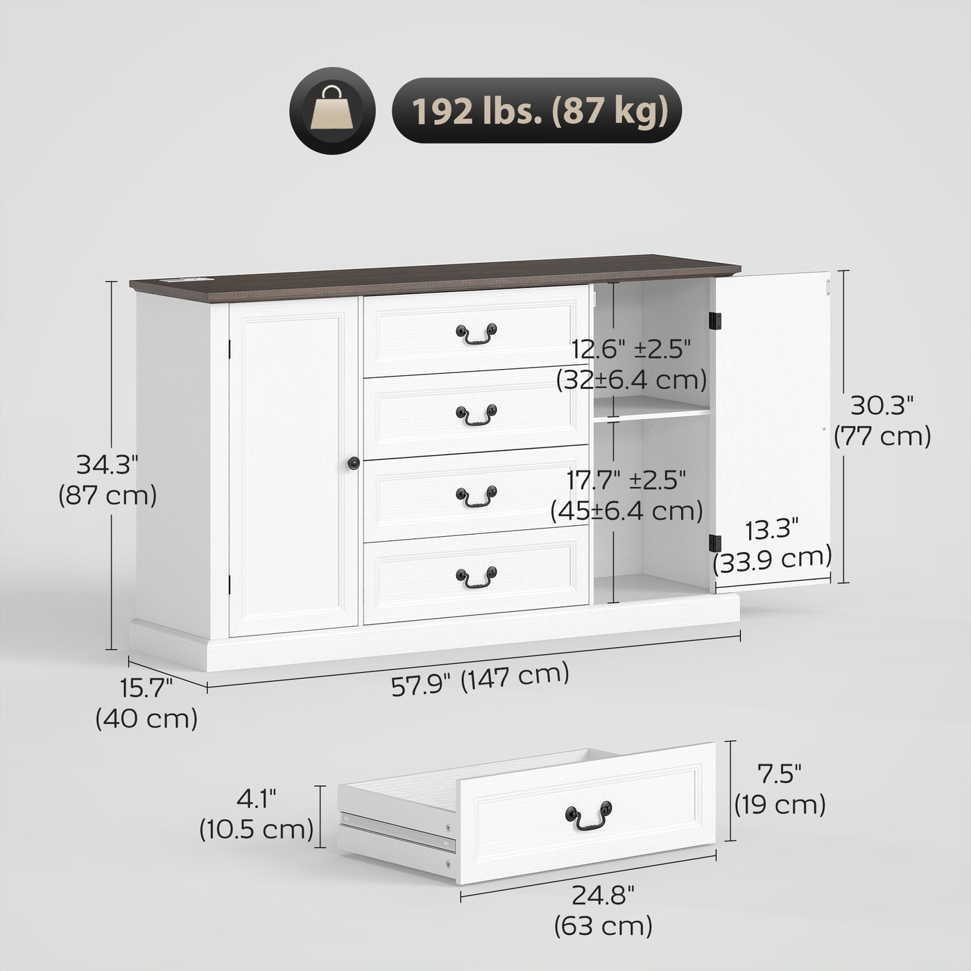 Farmhouse Sideboard with Charging Station, 58" Buffet Cabinet, Kitchen Storage Cabinet with 4 Drawers, 2 Doors, White