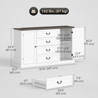 Farmhouse Sideboard with Charging Station, 58" Buffet Cabinet, Kitchen Storage Cabinet with 4 Drawers, 2 Doors, White