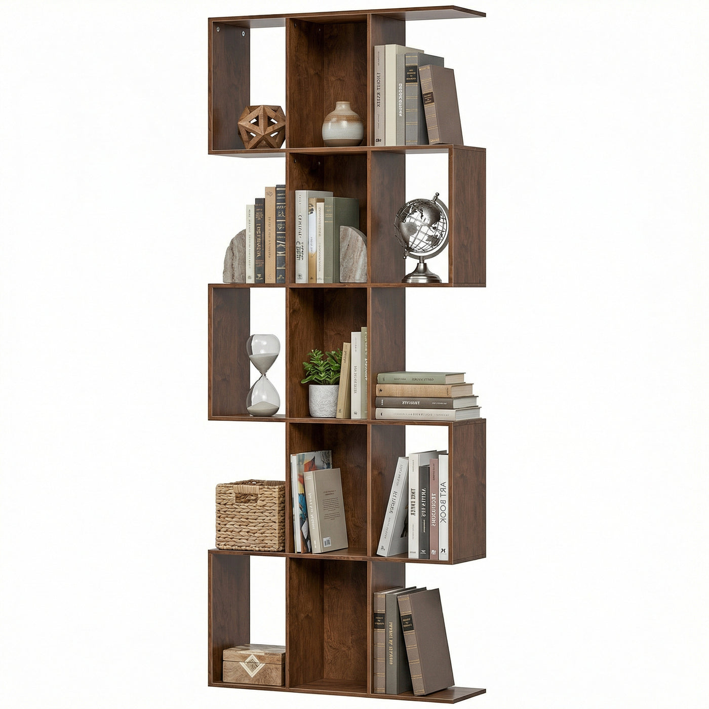 5-Tier Bookshelf, S Shaped Geometric Bookcase with 15 Compartments, Brown Wood Grain
