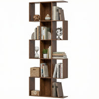 5-Tier Bookshelf, S Shaped Geometric Bookcase with 15 Compartments, Brown Wood Grain