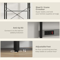 Kitchen Baker's Rack with Power Outlet, Coffee Bar Station with Adjustable Shelves and Hooks, Distressed Grey