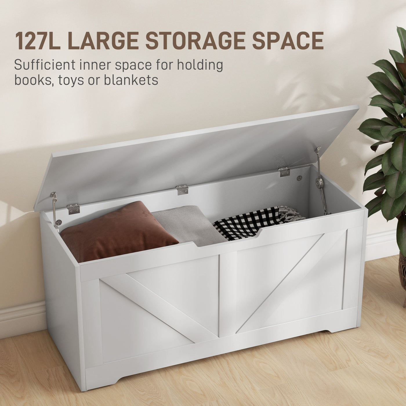 39.4 Inches Storage Chest, Storage Trunk with 2 Safety Hinges for Living Room, White Wood Grain